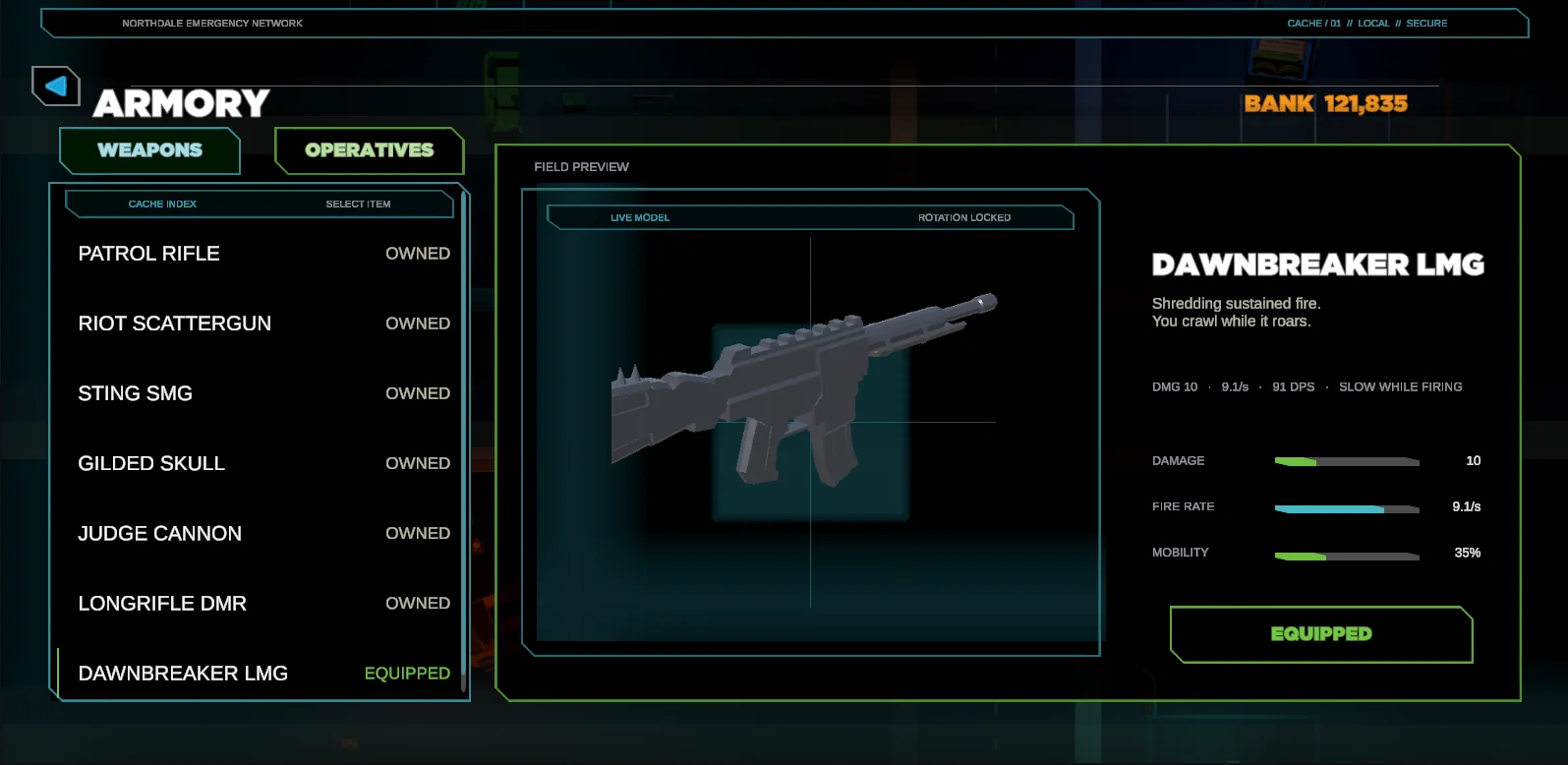 Swarmfall weapon armory and loadout screen
