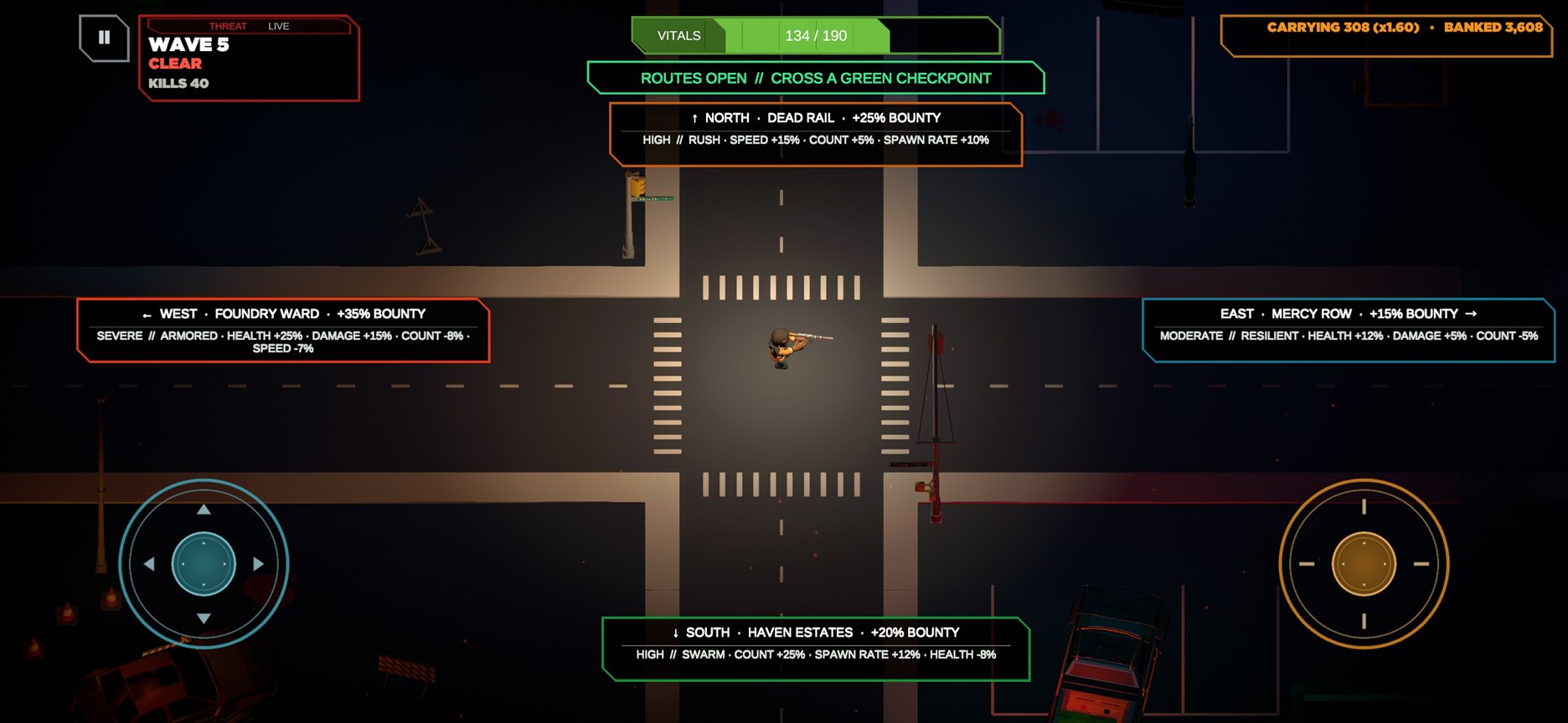 Four district routes with different threats and bounty bonuses