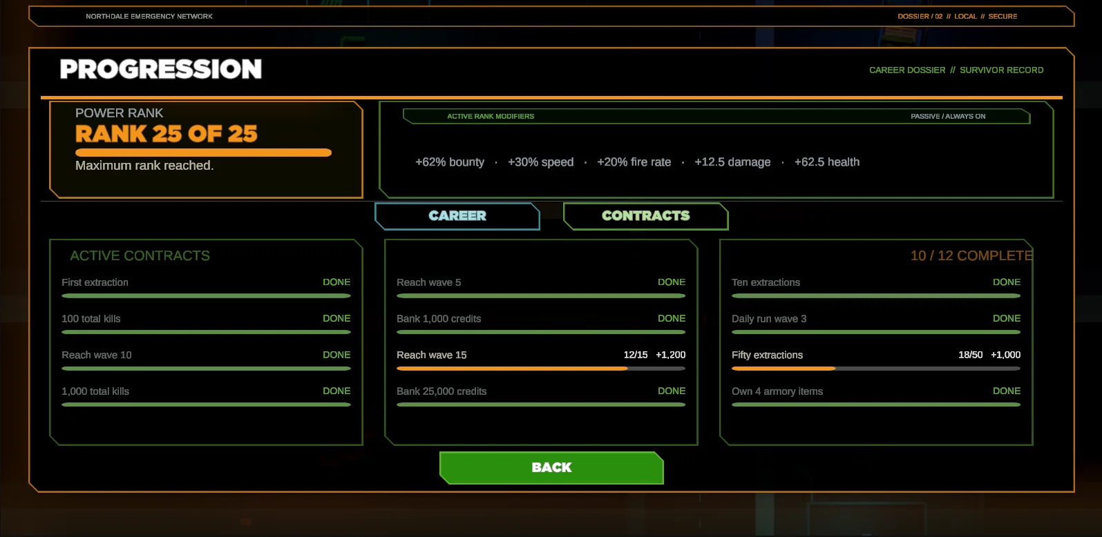 Swarmfall progression and contracts screen